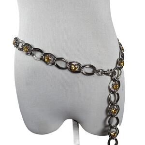 Vintage 80s 90s Chain Link Waist Belt Silver Rhinestone Free Size Plus